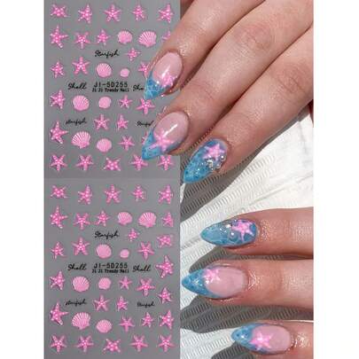 5D Relief Summer Ocean Nail Sticker Pink Starfish Shell Letter Ocean World Design Self-Adhesive Nail Sticker Decorative Strip
