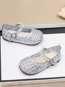 1 Pair Girls' Fashion Rhinestone Decor Comfortable Soft Bottom Summer Mesh Flat Shoes, Suitable For Outdoor Wear - Bạc - Xem 5