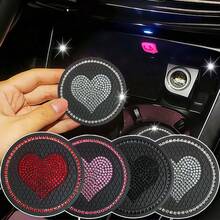 2 Stück funkelnde Strass-Herzförmige Getränkehalter, süßes Design elegant & auffallend, rutschfest stoßabsorbierend für eine veredeltes & komfortables Autoinnere - 2 Stück Strass-Herz-Untersetzer - Übersicht 2