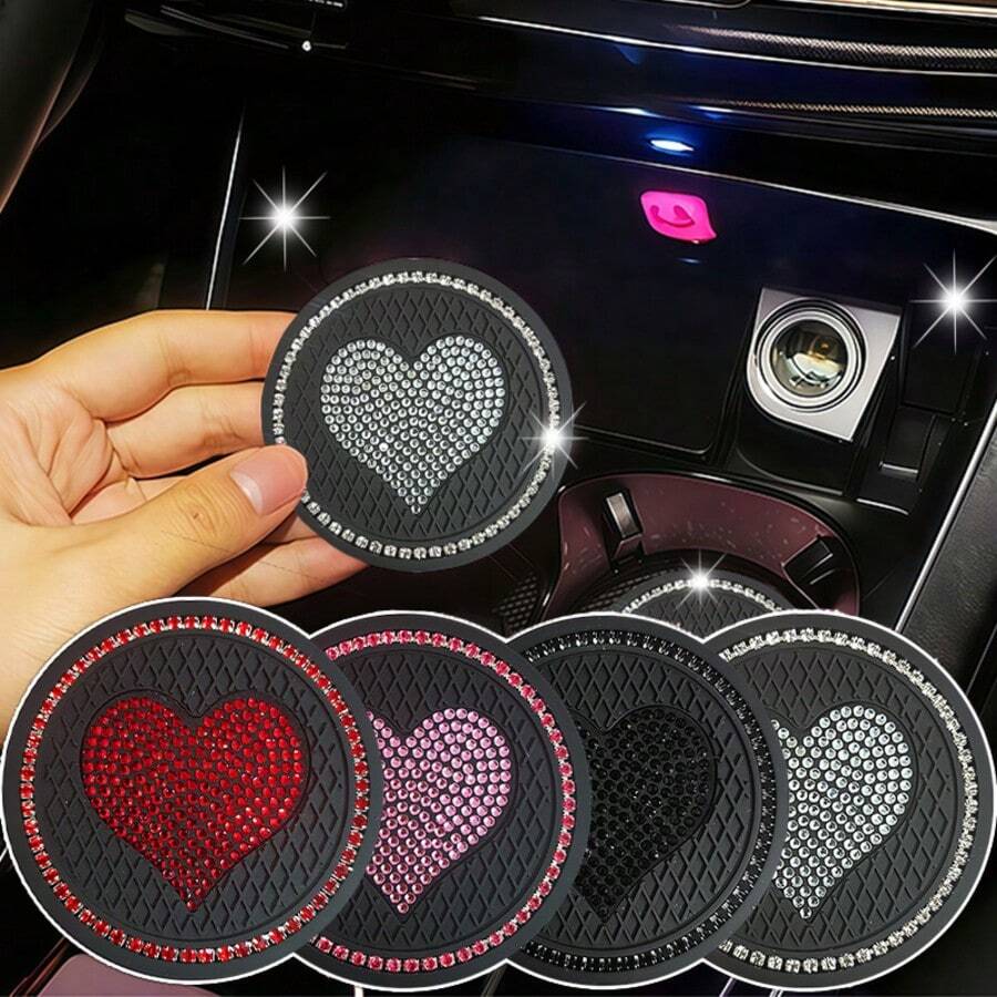 2 Stück funkelnde Strass-Herzförmige Getränkehalter, süßes Design elegant & auffallend, rutschfest stoßabsorbierend für eine veredeltes & komfortables Autoinnere