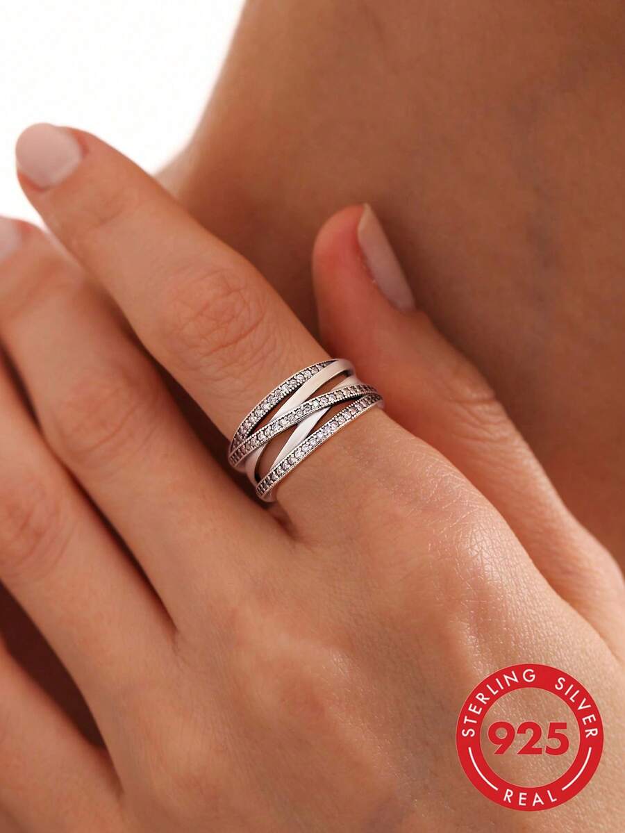 1pc 925 Sterling Silver Multi-Circle Interlocked Shiny Luxury Party Ring, Exquisite Birthday & Christmas Gift, Romantic Style, Showcasing Feminine Charm