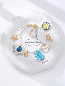 1件仿珍珠串珠手链，配星星和鱼形吊坠，波西米亚风可爱夏季女式首饰，迷人海洋主题手链 - 彩色 - 查看 2