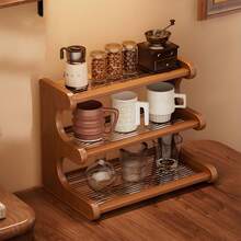 1pc Vintage-Style Multi-Tier Desktop Storage Rack, Large Capacity Cup Holder, Kitchen Spice Rack, Woven Rattan Panel, Quick Draining, Suitable For Kitchen, Dining Sideboard, Coffee Corner, Tea Station And Office Organization - Desktop Display Shelf - Rattan Style - View 8