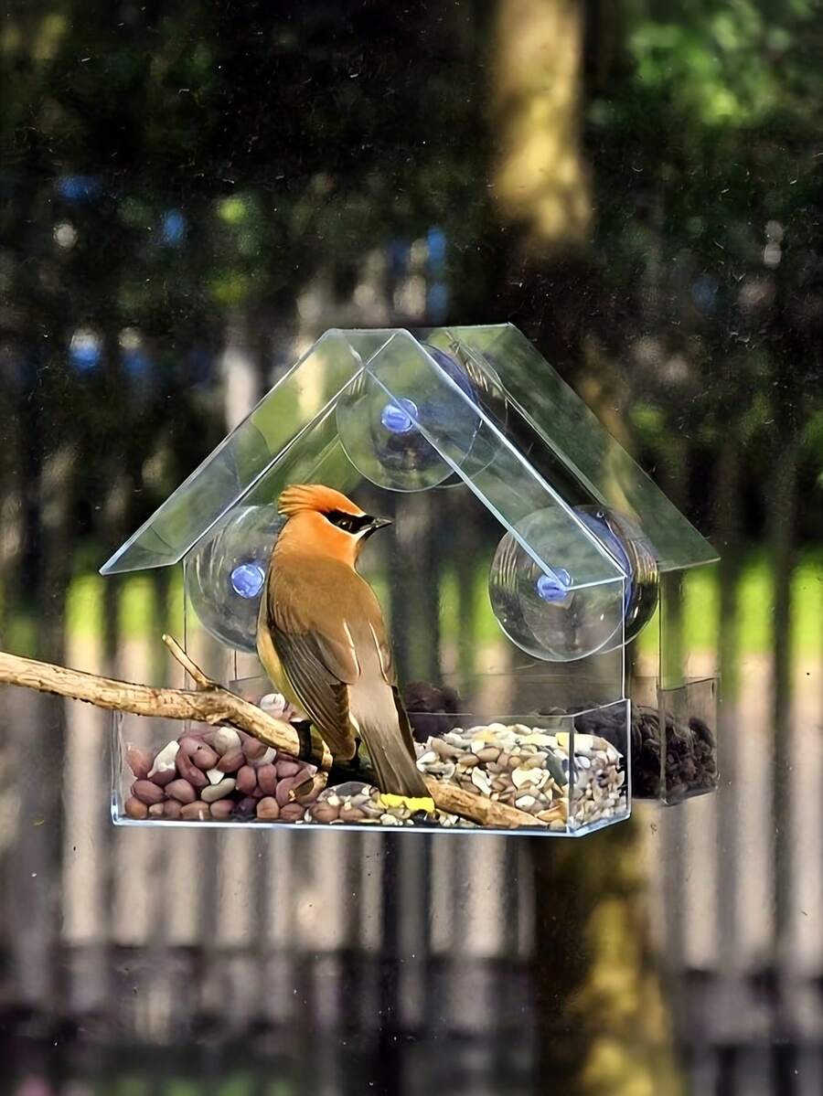 1pc Transparent Acrylic Bird Feeder With Suction Cup - Durable Outdoor Food Bowl Suitable For All Birds, Easy To Clean, Perfect Installation On Windows Or Glass Doors, Transparent Design House Structure, Outdoor Bird Feeder