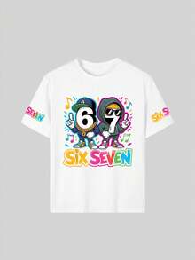 Tween Boy Cartoon Element Six Seven67 Print T-Shirt, Soft And Comfortable Fabric, Suitable For Boys Outdoor Sports, Daily Wear, Street Style, Campus Style, Fashionable Casual Top For Boys In Spring And Summer - White - View 5
