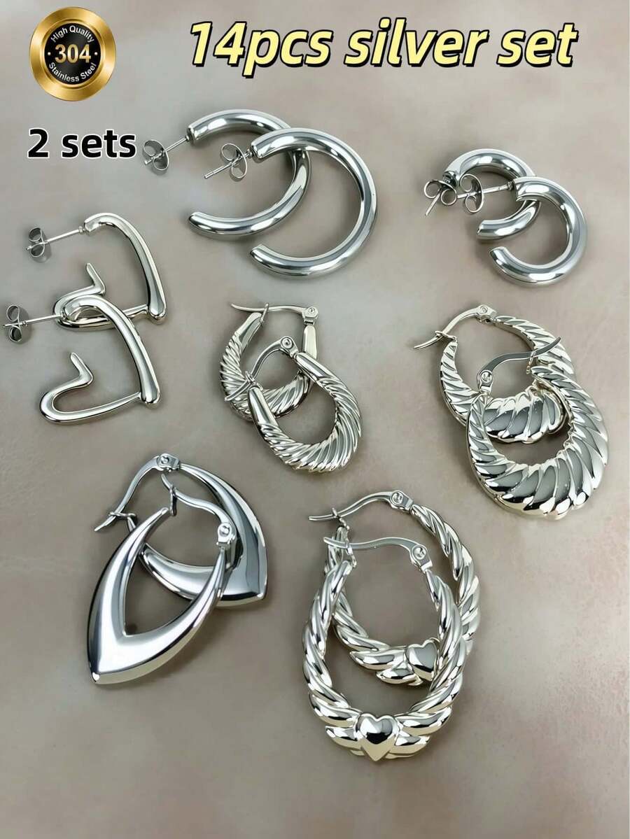 Bộ 18 món trang sức tối giản bằng thép không gỉ 14K, gồm nhẫn và bông tai, dành cho nữ. - Nhiều bộ - Xem 1
