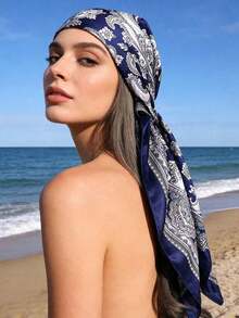 1pc 90CM Paisley Printed Ladies Bandana Simulated Silk Headband Women Bandana Top,Large Size Square Scarf,Hair Band,Head Band Ideal For Dressing Up Your Look - màu đen - Xem 5