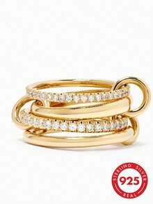 1 chiếc nhẫn bạc 925 kiểu khóa liên kết, đính kim cương và đá Cubic Zirconia lấp lánh, phù hợp cho cả nam và nữ, có thể kết hợp với trang phục hàng ngày hoặc làm phụ kiện dự tiệc. Nhẫn chất lượng cao, trang sức tinh tế, món quà tuyệt vời. - Vàng - Xem 2