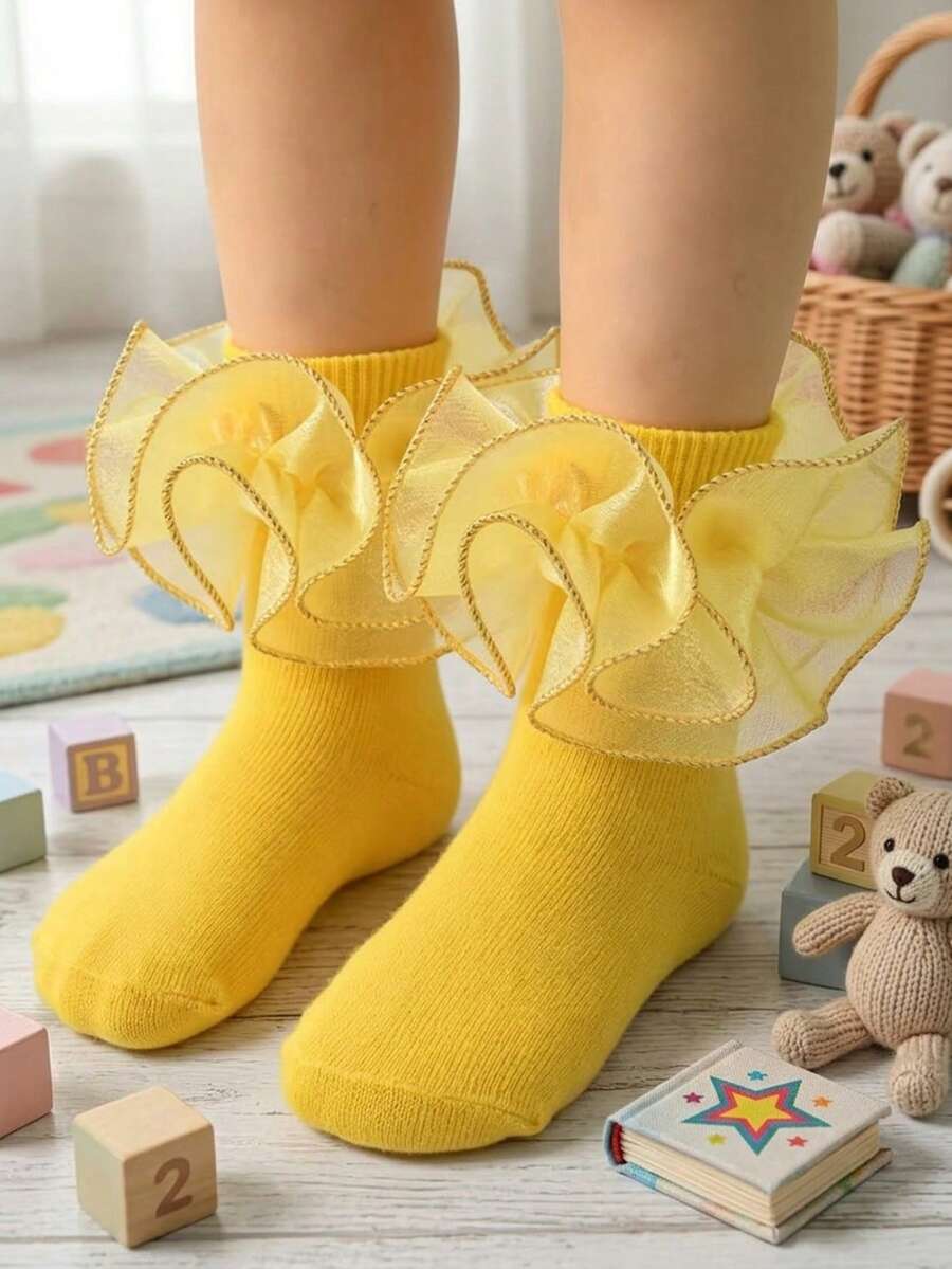1双幼儿女童黄蓝荷叶边短袜，可爱金色滚边蕾丝花边连衣裙袜，柔软透气棉质公主袜，适合日常穿着 - 黃色 - 查看 1