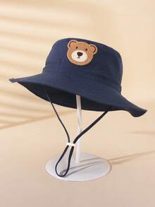 1 pieza Sombrero de ala ancha beige para niños, parche de oso lindo, tela suave y transpirable, cordón ajustable, adecuado para juegos al aire libre y campamento diarios - 1PC - Ver 17