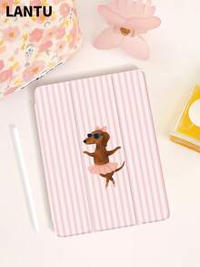 Étui de protection pour tablette avec motif rayé pêche et chien dansant, coque de protection pliable en trois, compatible avec iPad 10,2" / Pro 11" 2020/2021, (A16) 11" 11e génération 2025 9e/10e, Air 4e 10,9", Galaxy Tab S6 Lite 10,4", anti-chute, avec fente pour stylet, fonction de veille/réveil, cadeau pour enfants / cadeau pour la famille - Multicolore - Voir 3