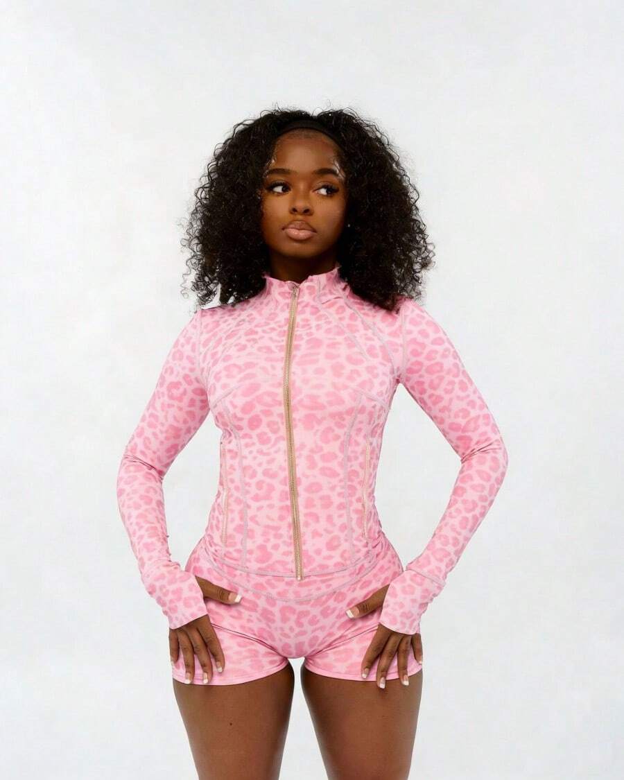 2PC/1set New Casual Sports Suit Digital Print Leopard Print Stretch Shorts Sports Two-Piece Suit - hồng - Xem 1