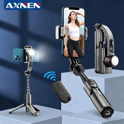 AXNEN 带可伸缩自拍杆三脚架、补光灯和无线遥控器的云台稳定器，兼容智能手机