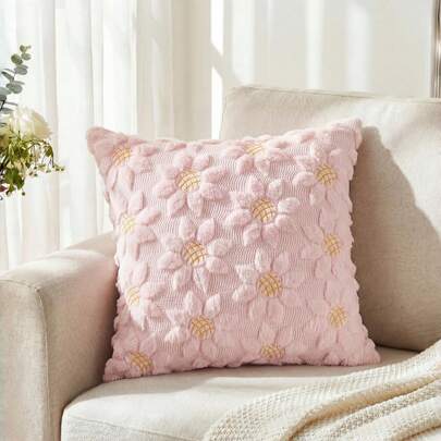 1件米白色向日葵装饰抱枕套，季节性花卉农舍风格柔软仿毛皮提花靠垫套，适用于家居沙发