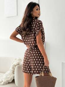 Solstice Apparel Brown White Polka Dot Shirt Short Set, Vacation Casual Co-Ord Summer - Coffee Brown - View 2