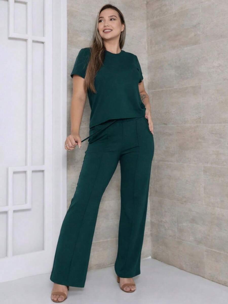 Women's Set: Wide-Leg Pants And Comfortable Sweatshirt - Summer - Teal Blue - View 1