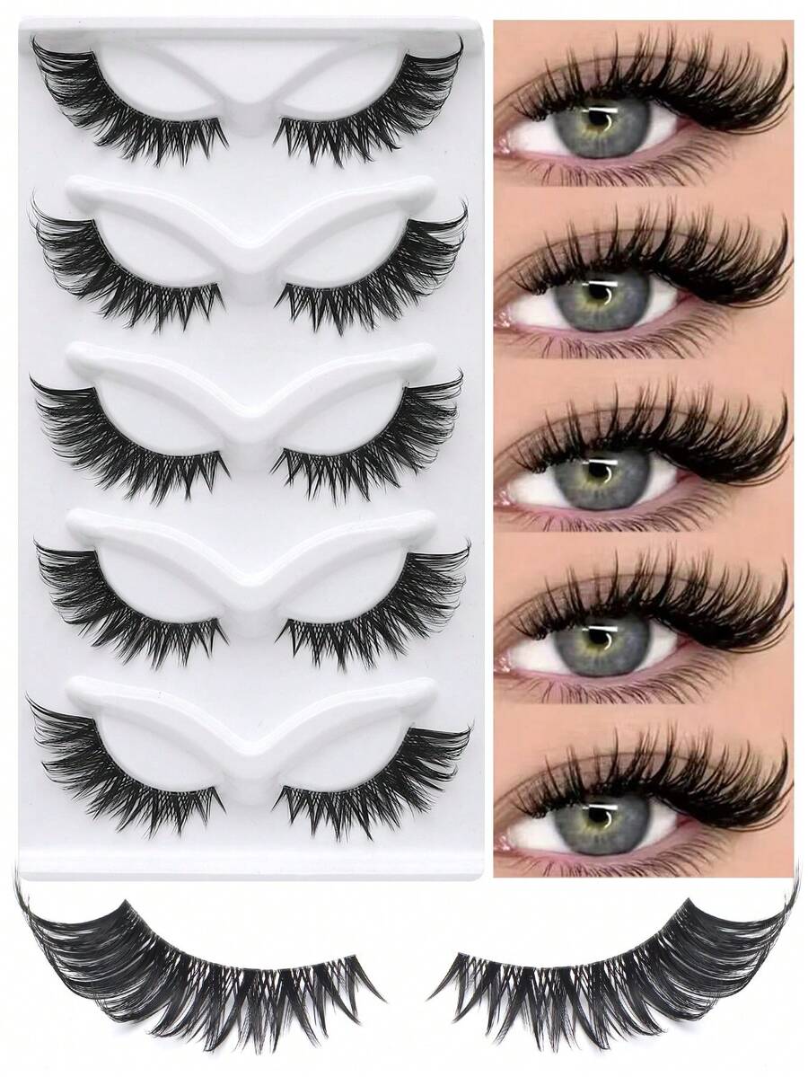 5对浓密蓬松3D猫眼狐狸眼假睫毛，自然逼真卷翘眼妆，日常派对约会妆容 - 黑色 - 查看 1