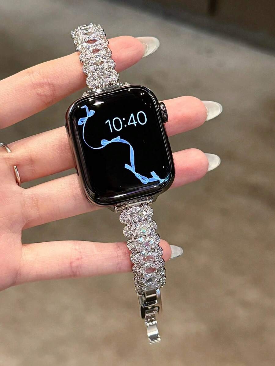 1条女士蕾丝锆石金属表带，适用于38/40/41/42/44/45/46/49毫米表盘，兼容 Ultra/SE10/9/8/7/6/5/4/3/2/1型号 - 銀色 - 查看 1