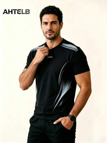  Camiseta deportiva casual de moda para hombres AHTELB, camiseta de cuello redondo de seda de hielo ligera y de secado rápido, camiseta de manga corta estampada, camisetas para hombres, ropa para hombres, camisetas para hombres