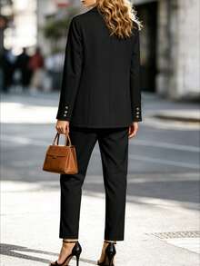 Women's Casual Lightweight Commuter Solid Color Single-Breasted Long Sleeve Blazer And Straight Leg Pants Set, Spring/Autumn Black - Black - View 2