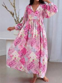 Đầm nữ kiểu Bohemian tay phồng, đầm thanh lịch cổ chữ V thắt eo có túi in họa tiết ngẫu nhiên, đầm mặc ngoài mùa hè cho nữ, trang phục đi biển cho nữ, thích hợp cho Ngày của Mẹ, đầm dự tiệc cưới cho nữ. - Màu Hồng Tươi - Xem 2