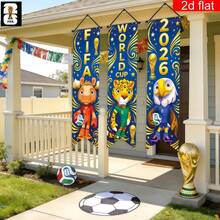 2026 FIFA 世界盃 2D 平面橫幅 3 件組，2026 美國-加拿大-墨西哥 FIFA 世界盃門廊裝飾旗幟派對橫幅，藍色背景，吉祥物、足球、世界盃獎盃、星星設計，聚酯纖維，適用於世界盃派對、球迷觀賽、居家正門牆面裝飾 - 橫幅 - 查看 6