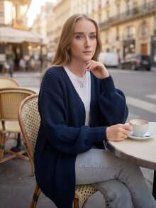 Women's Cardigan Jacket, Knitted, Puff Sleeve, Open, Winter Comfort - 藏蓝色 - 查看 1