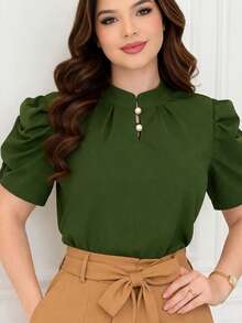 Blouse With Puff Sleeves And Two Buttons. - 軍綠色 - 查看 3