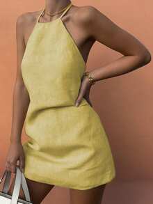 Đầm ngắn không tay, buộc dây, đa năng, thời trang dành cho nữ, mẫu mới về mùa xuân/hè (Trang phục thường ngày) - Màu vàng - Xem 5