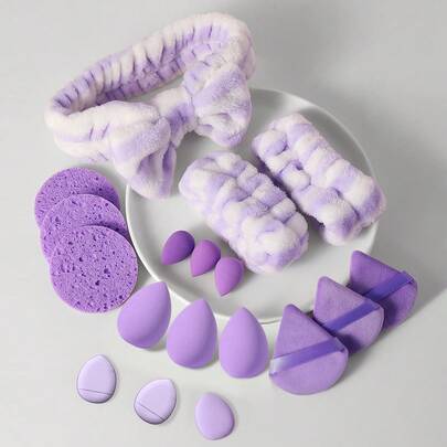 18Pcs All-In-One Makeup Tools Set, Makeup Sponges, Mini Sponges, Triangle & Cushion Powder Puffs, Wood Pulp Cotton, Hairband & Wristbands