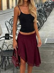 Elegant Casual Solid Color Chiffon Asymmetric/Asymmetrical Layered Skirt, Beach Resort Wear, Spring/Summer - Red Violet - View 1