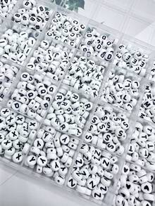 200/500/1000颗 4x7mm 黑色底金色字母图案珠子，DIY项链首饰制作材料 - 白底黑字 - 查看 6