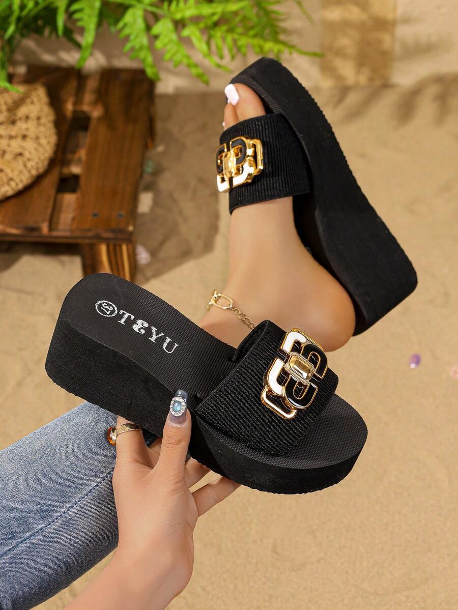Women's Fashion Thick Bottom Wedge Heart-Shaped Sandals, Black Wedge Korean Style Beach Holiday Flip Flops, Soft Comfortable Platform House Slippers - Black and White Buttons - View 1