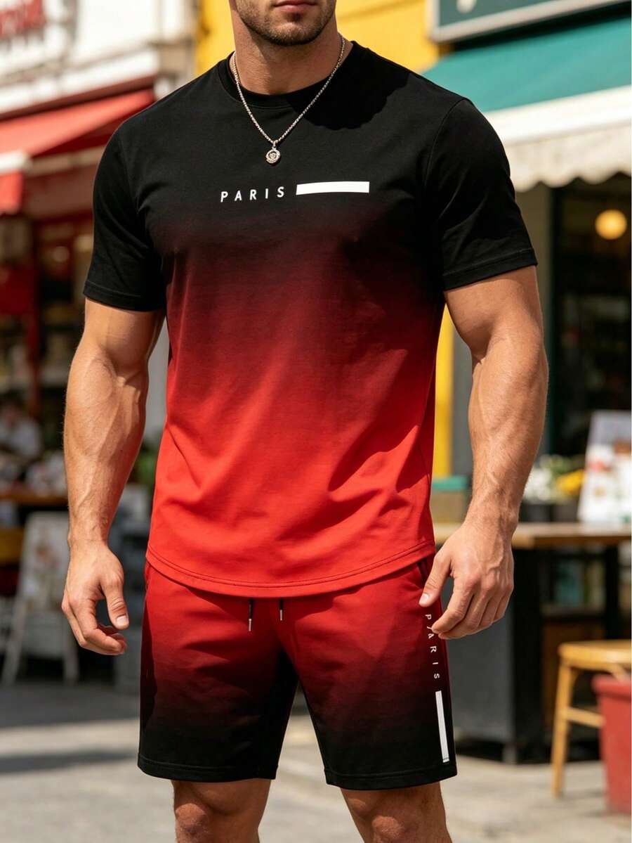 2 piezas Conjunto de camiseta y pantalones cortos con degradado de color para hombres, camiseta de cuello redondo de manga corta con estampado "PARÍS" combinada con pantalones cortos con bolsillo con cordón, conjunto casual y elegante, adecuado para uso al aire libre en verano, 100% poliéster