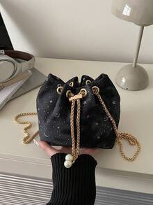 Fashionable Solid Color Chain Strap Mini Bucket Crossbody Bag - Black - View 3