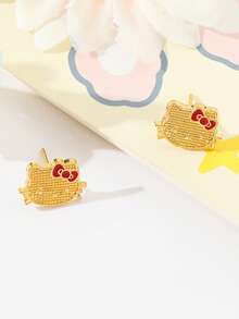 1 Đôi bông tai đá Rhine hình hoạt hình dễ thương Hello Kitty của Sanrio, hình mèo nhỏ giọt dầu, trang sức COS - Vàng - Xem 1