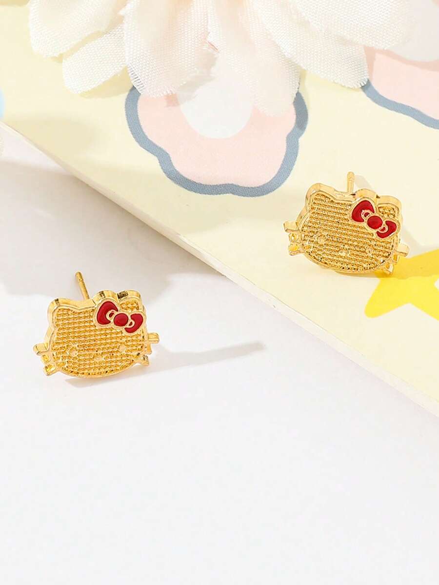 1 Đôi bông tai đá Rhine hình hoạt hình dễ thương Hello Kitty của Sanrio, hình mèo nhỏ giọt dầu, trang sức COS - Vàng - Xem 1
