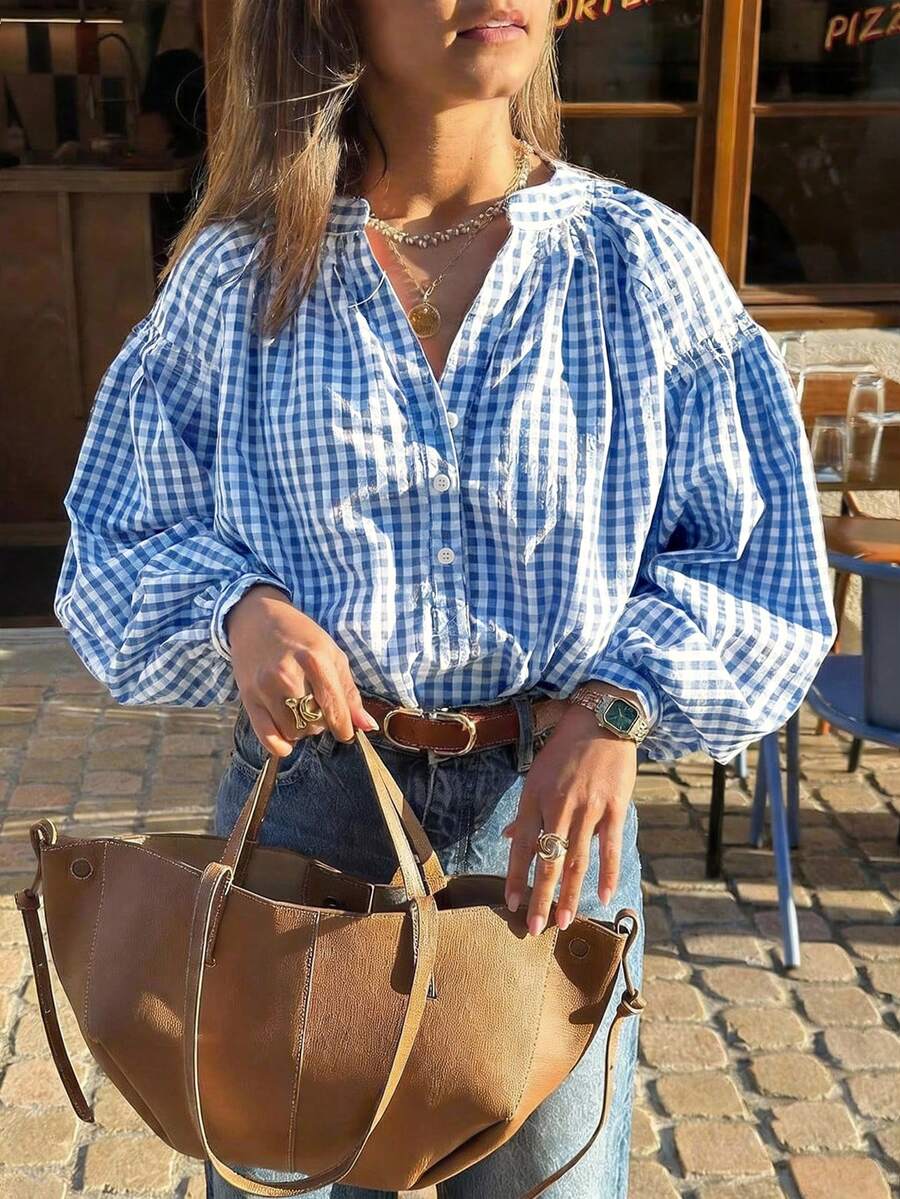 Casual Women's Red Gingham Check Blouse With Notched Neck And Voluminous Bishop Sleeves - Blue - View 1