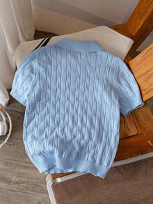 Boys' Solid Color Cable Knit Polo Shirt Short Sleeve Lightweight Sweater, Suitable For School & Everyday Wear, Spring/Summer/Autumn - Blue - View 3