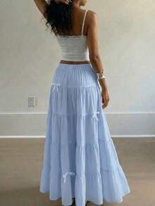 Elegant High Waist Vintage Bow Decor Loose A-Line Skirt White Spring - 淺藍色 - 查看 3