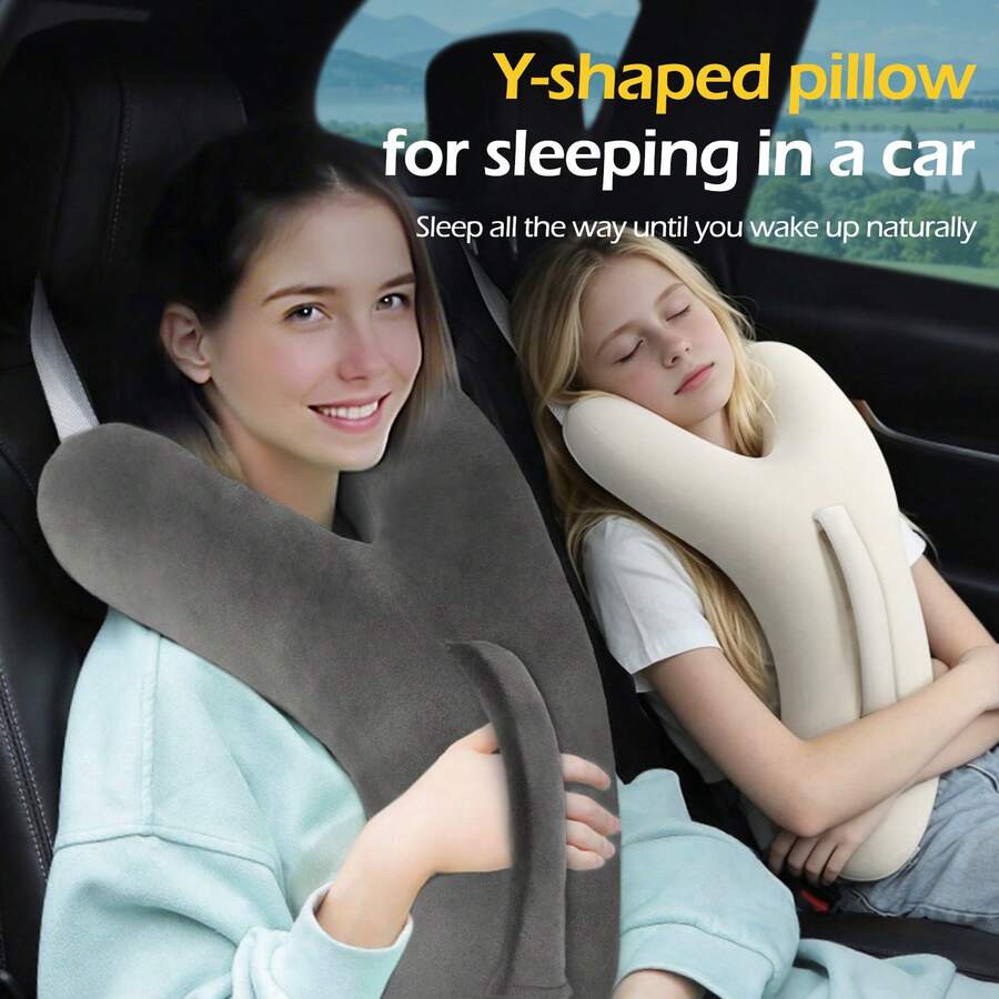 Almohada de dormir en forma de Y para el coche, almohada de apoyo para el cuello y la cabeza, reposacabezas para el asiento trasero, adecuada para viajes largos y siestas, ayuda para dormir multifuncional en el coche, almohada de viaje para el cuello, se adapta a todos los vehículos, fácil de limpiar e instalar, almohada para el coche