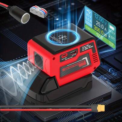 300W Adjustable DC Voltage Regulator Compatible With Mil-Wau-Kee 18V Battery, Output Voltage 2-30V Adjustable, PD 3.1 140W Fast Charging, With XT60 Output, LCD Display, 300W Max, 1 DC Voltage Regulating Socket, 15W Magnetic Wireless Charging, Outdoor Transformer, DIY Electronics(Battery Not Included)