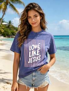 EWH 100% Pure Cotton,Pink Vertical Striped Background And "LOVE LIKE JESUS" Text,230g Round-Neck T-Shirt, Wash Water, Unisex 004-A - 藍色 - 查看 2