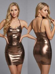 Sexy One Shoulder Bodycon Dress - Glamorous Slim Fit Party Dress For Women, Perfect For Holiday, Club, Date Night - Gold - View 6