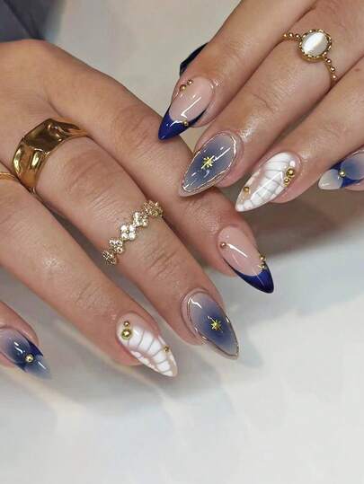 24pcs Navy Blue Almond Shaped Press-On Nails, French Manicure Style Ombre Color Nails, Nail Art (Includes Gel Polish And Nail File)