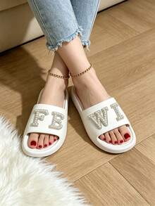 Women's Bridal Pearl Rhinestone Slippers, Comfortable Glittery Slides For Brides, Perfect Gifts For Weddings, Bridal Showers And Bachelorette Parties - White - View 5