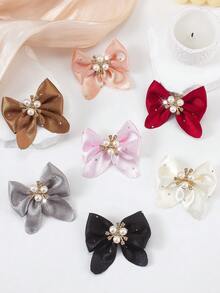 6pcs Solid Color Retro Satin Rhinestone Bow Hairpins, Pearl Studded Fabric Floral Hair Clips, Cute Girl's School Style Daily & Party Hair Accessories - Multicolor - View 6
