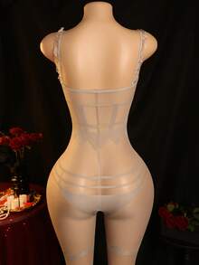 Bodys de encaje tentador sexy con medias de rejilla - Gris - Ver 3