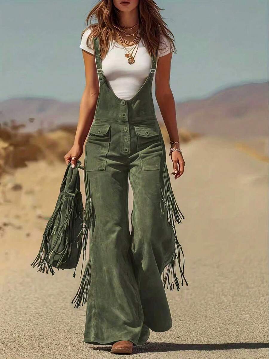2026 New Retro Western Overalls For Women Suede Tassel Decorated Wide Leg Pants With Pockets Cowgirl Y2K Vintage Denim Jumpsuit Fashion  Fall Outfit - 軍綠色 - 查看 1