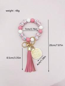 1pc Elegant Floral Print Mama Wristlet Keychain, Sophisticated Boho Beaded Key Bracelet, Exquisite Mother's Day Gift For Mom, Premium Tassel Purse Charm For Women, Gifts For Mother, Father, Graduation, And Teacher - 1114 - View 4